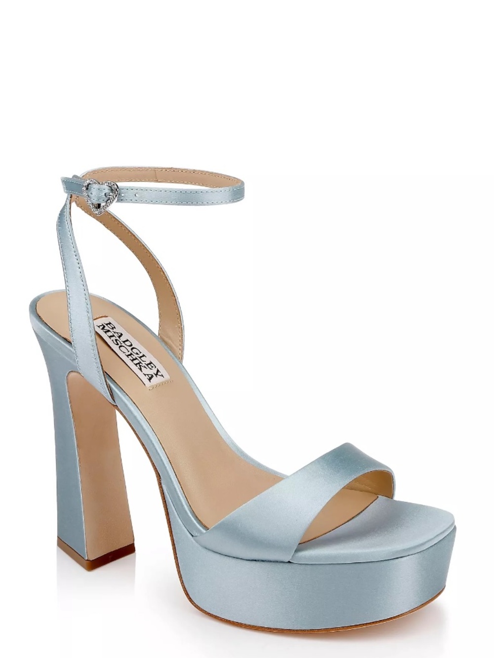 Badgley Mischka Caia Platform Sandals Heart Buckle Blue Satin Heels Size 6.5